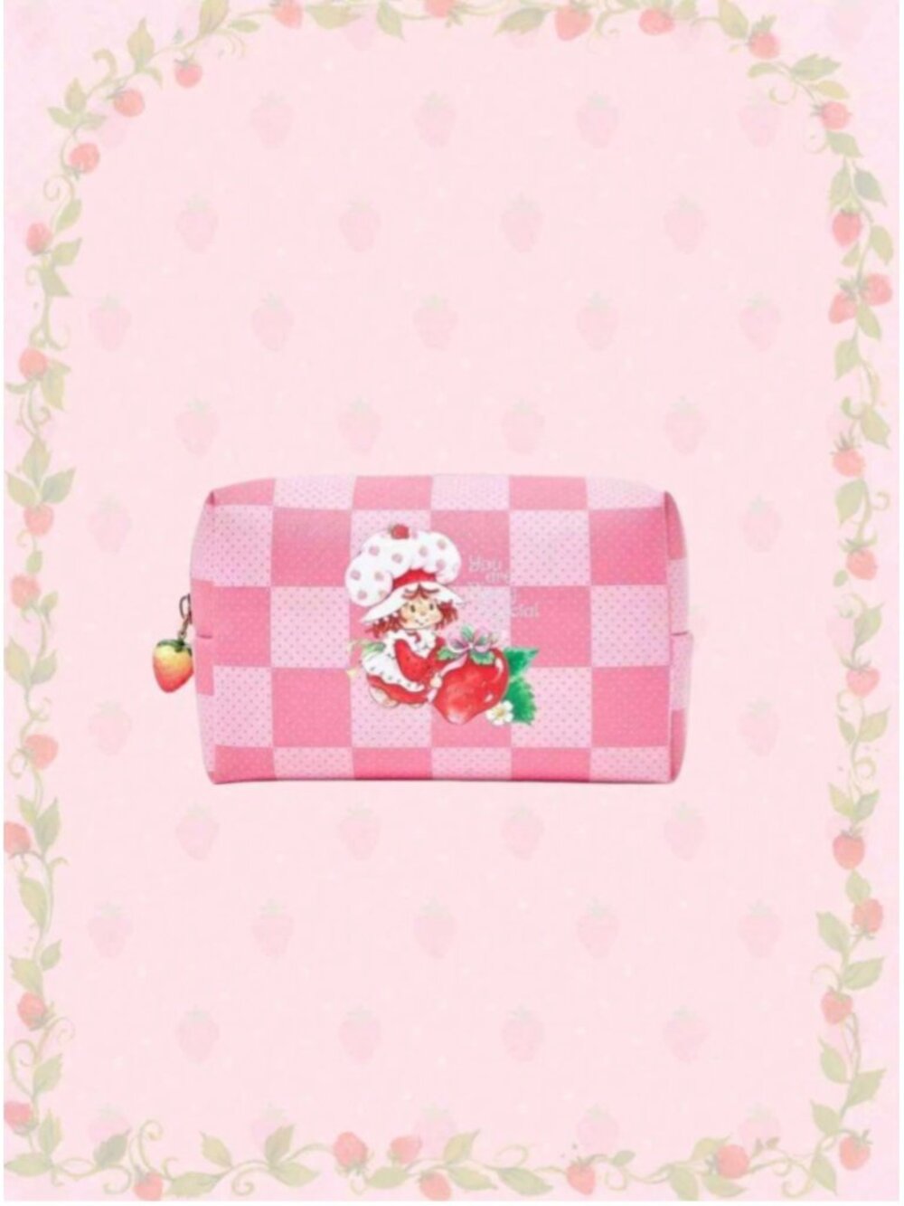 Strawberry Shortcake Pink Checkered Cosmetic Bag Cute Travel Makeup Pouch Charm